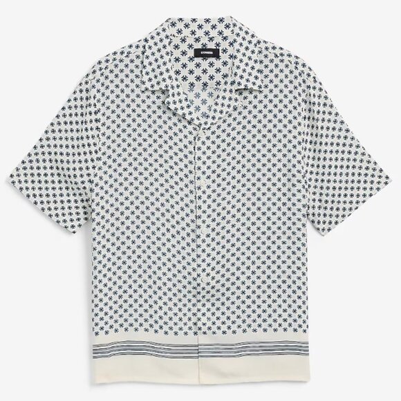 Men's Express Large Bordered Geo Rayon Short Sleeve Shirt - Picture 1 of 5